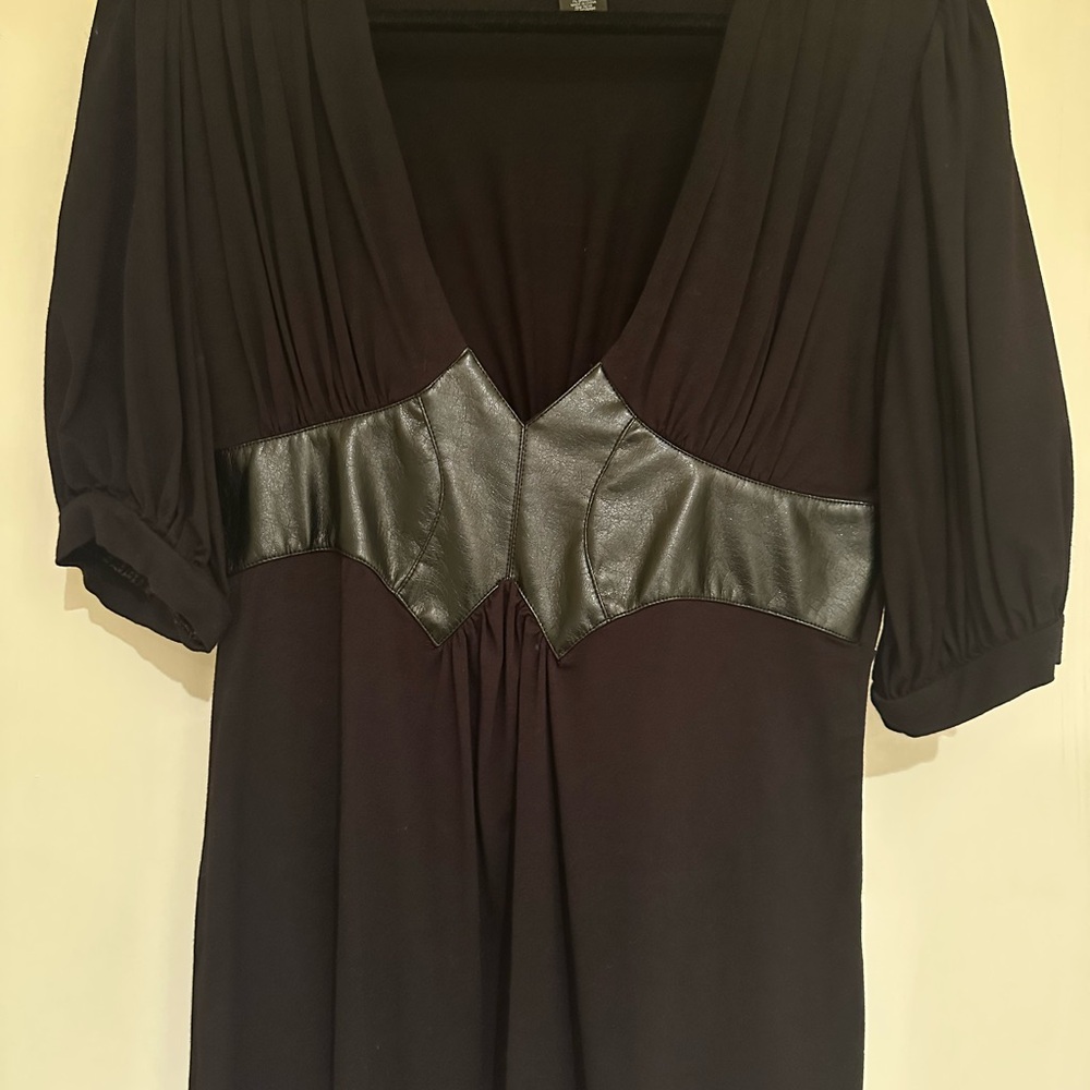 Arden B Black Puff Sleeve Blouse with Faux Leather Empire Waist